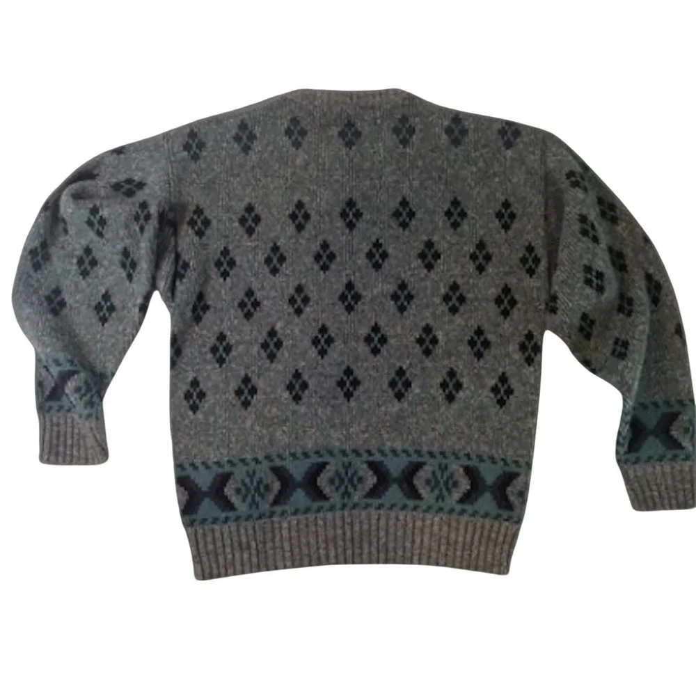 London Fog Sweater Men Large Grey Blue Fair Isle Wool Blend Crewneck Made in USA